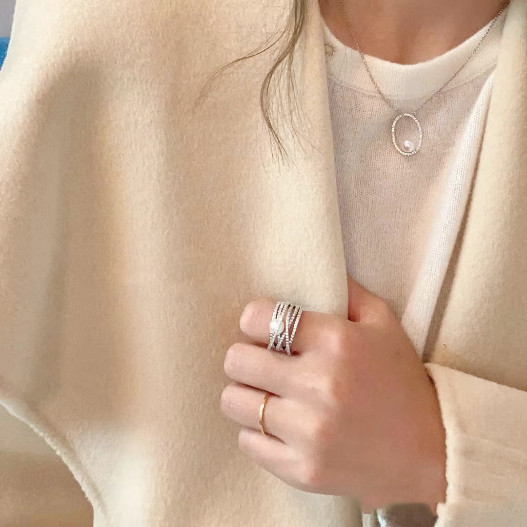 Adjustable Sterg Sier White CZ Pearl Wedding Ring Jewelry for Women