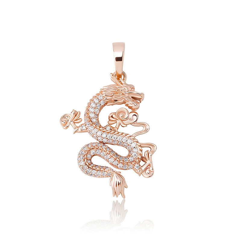 Hip Hop Chinese Dragon Pendant Necklace 14K Real Gold Plated TopBling White Zircon Men Women Jewelry