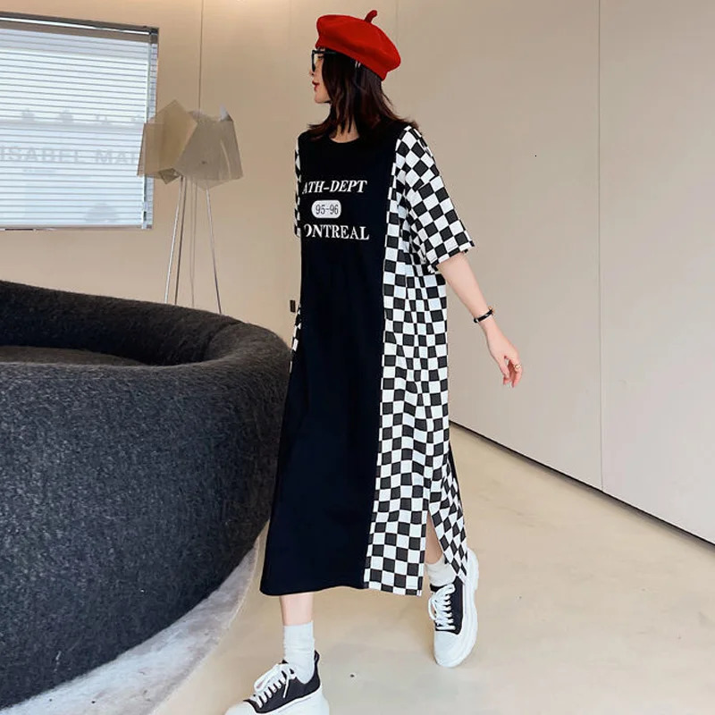 Fashion Plaid Printing Midi Dress Summer Loose Short Sleeve Pullovers Vintage Womens Clothing Casual Straight Dresses 240518