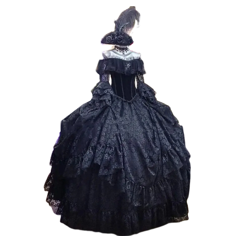 Vintage Victorian Black Wedding Dresses Lace Long Sleeves Bateau Neck Floor Length Off Shoulder Corset Lace-Up Plus Size Gothic Bridal Gowns