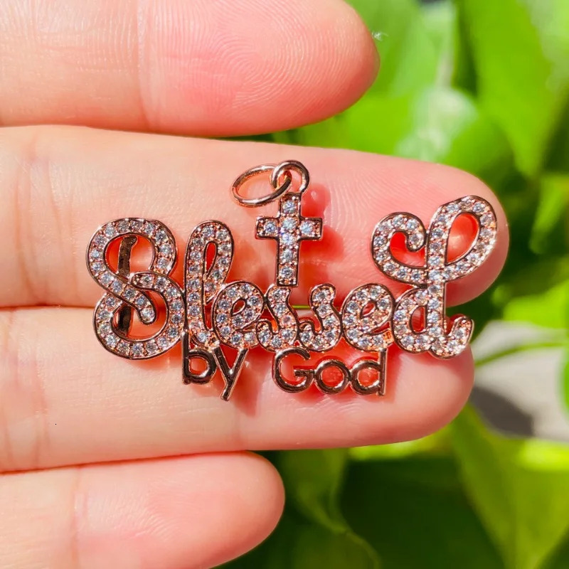 5pcs Gold-plated BLESSED BY GOD Religious Word Charm for Women Bracelet Making Letter Pendant Girl Necklace Jewelry Handcraft 240514