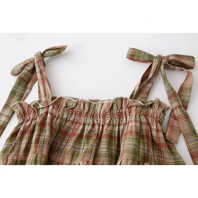 Girly Y2k Crop Top Homemade Summer Japan Style Vintage Sweet Spicy Fungus Edge Lace Up Green Plaid Strap Tank Top for Women 240523