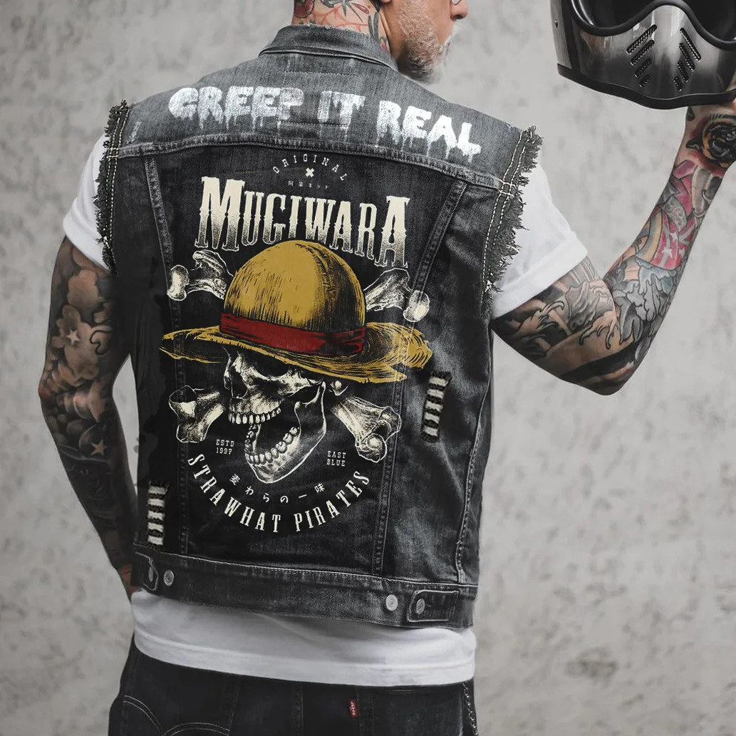 Mens Motorcycle Biker Vest Strawhat Skull Print Distressed Hole Punk Sleevless Denim Jacket Black Streetwear Waistcoat 240509