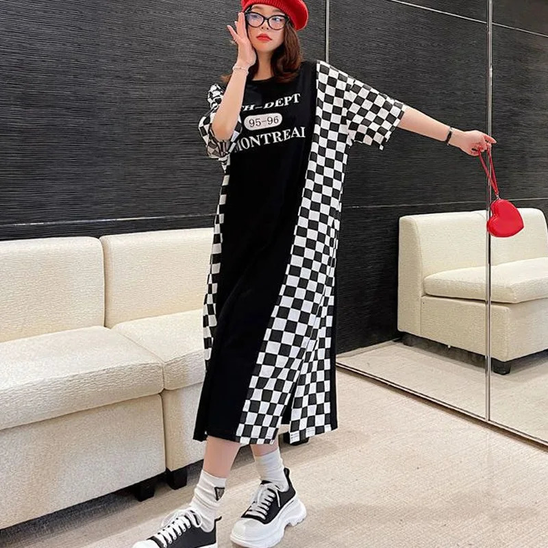 Fashion Plaid Printing Midi Dress Summer Loose Short Sleeve Pullovers Vintage Womens Clothing Casual Straight Dresses 240518