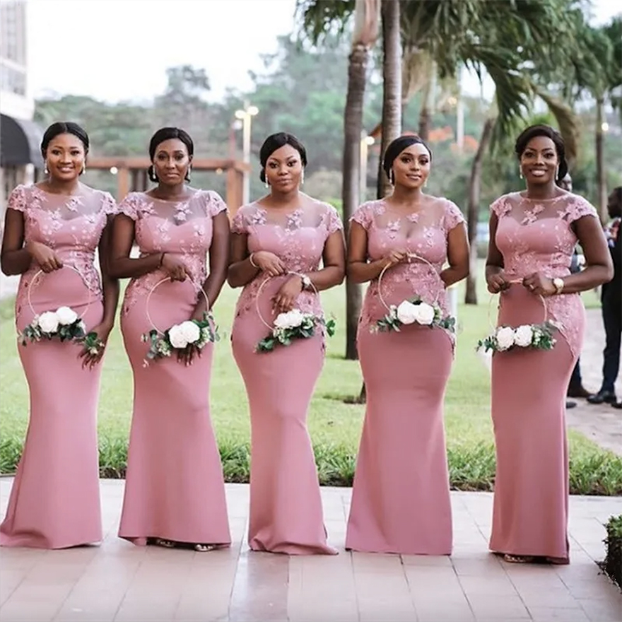 Arabic Aso Ebi Pink Long Mermaid Bridesmaid Dresses Floral Lace Elegant Maid Of Honor Gowns Floor Length Women Cap Sleeves Wedding Guest Formal Party 
