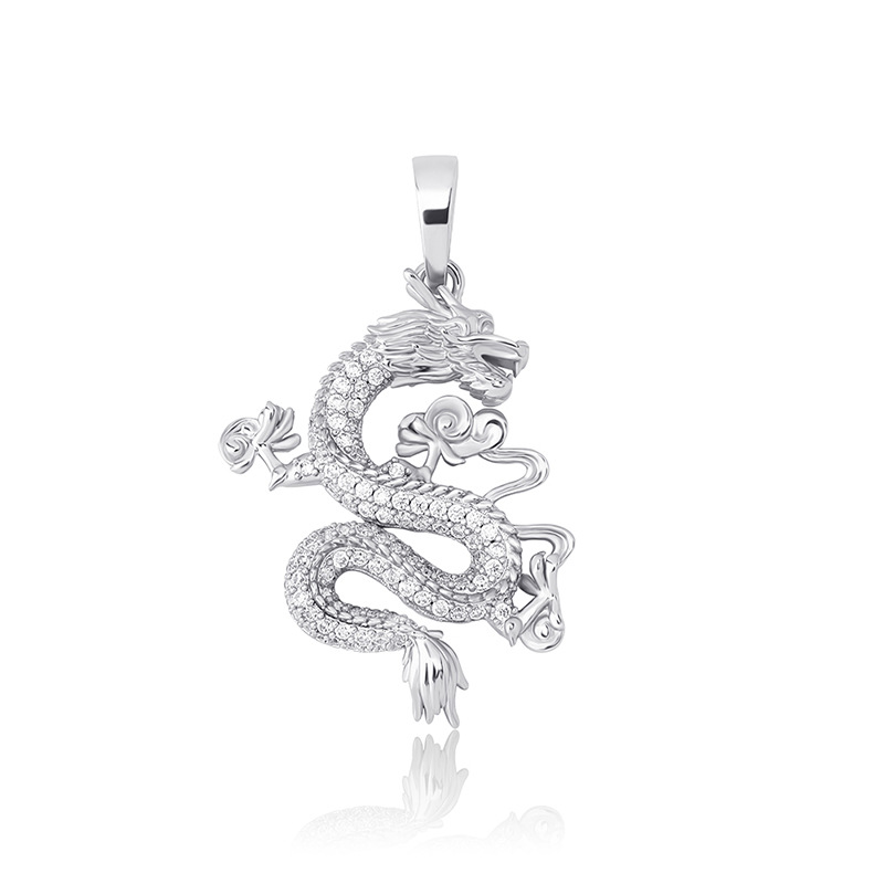 Hip Hop Chinese Dragon Pendant Necklace 14K Real Gold Plated TopBling White Zircon Men Women Jewelry