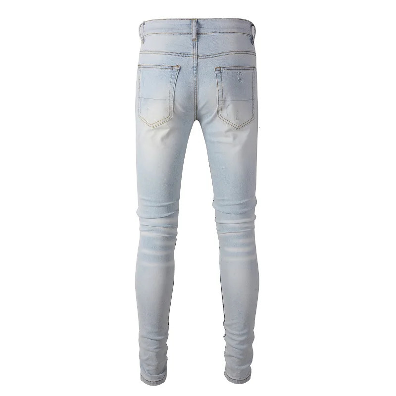 A699 Washed Hole Splicing Cat Whiskers Grinding White Collision Color Slim Blue Elastic Mens Stretch Jeans 240523