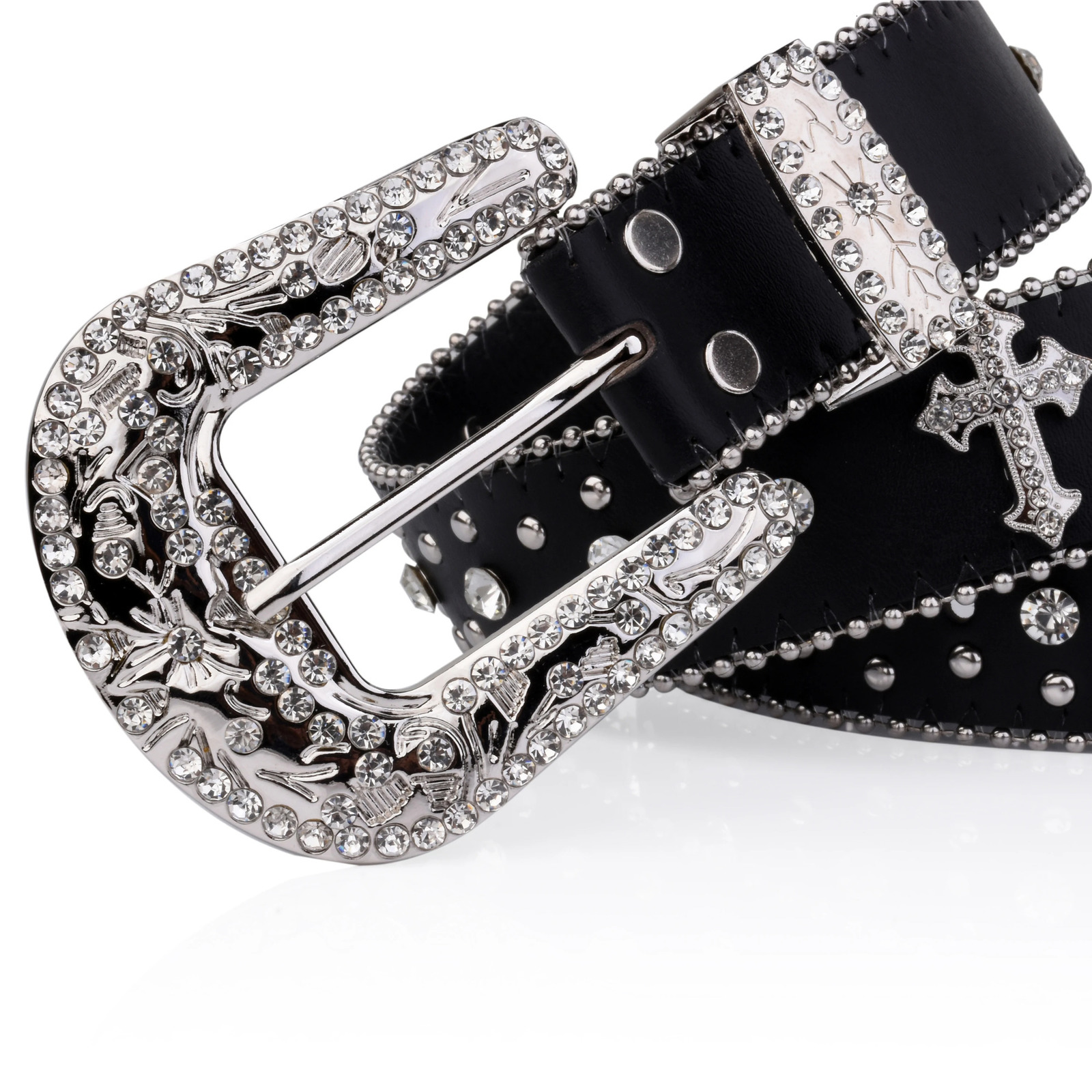 Black Cross Rivet Belt Engraved Buckle Rhinestone Decor PU Belt Hip Hop Jeans Pants Belt Punk Western Cowboy Cowgirl Belts 246 240522