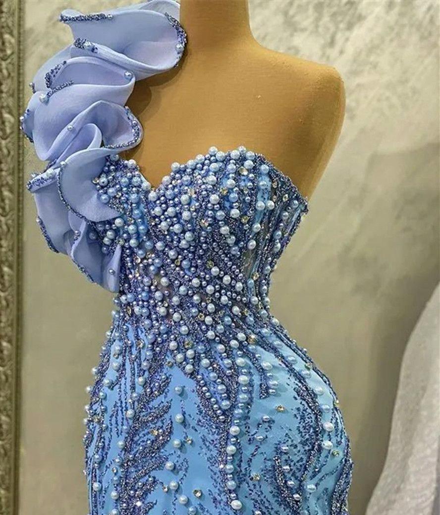 Ebi Aso One Shoulder Prom Pearls Mermaid Sequined Lace Evening Formal Party Second Reception Birthday Engagement Gowns Dress Robe De Soiree BC