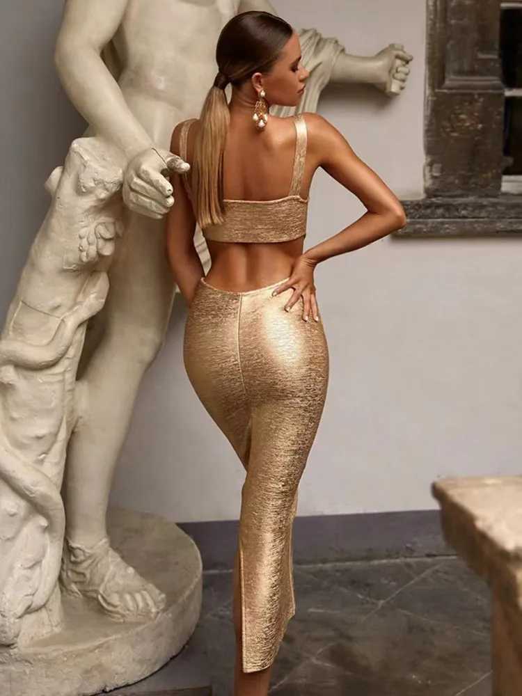 Basic Casual Dresses Womens Summer Sexy Backless Hollow Midi Gold Tight Bandage Dress 2023 Elegant Nightclub Party Dress J240523