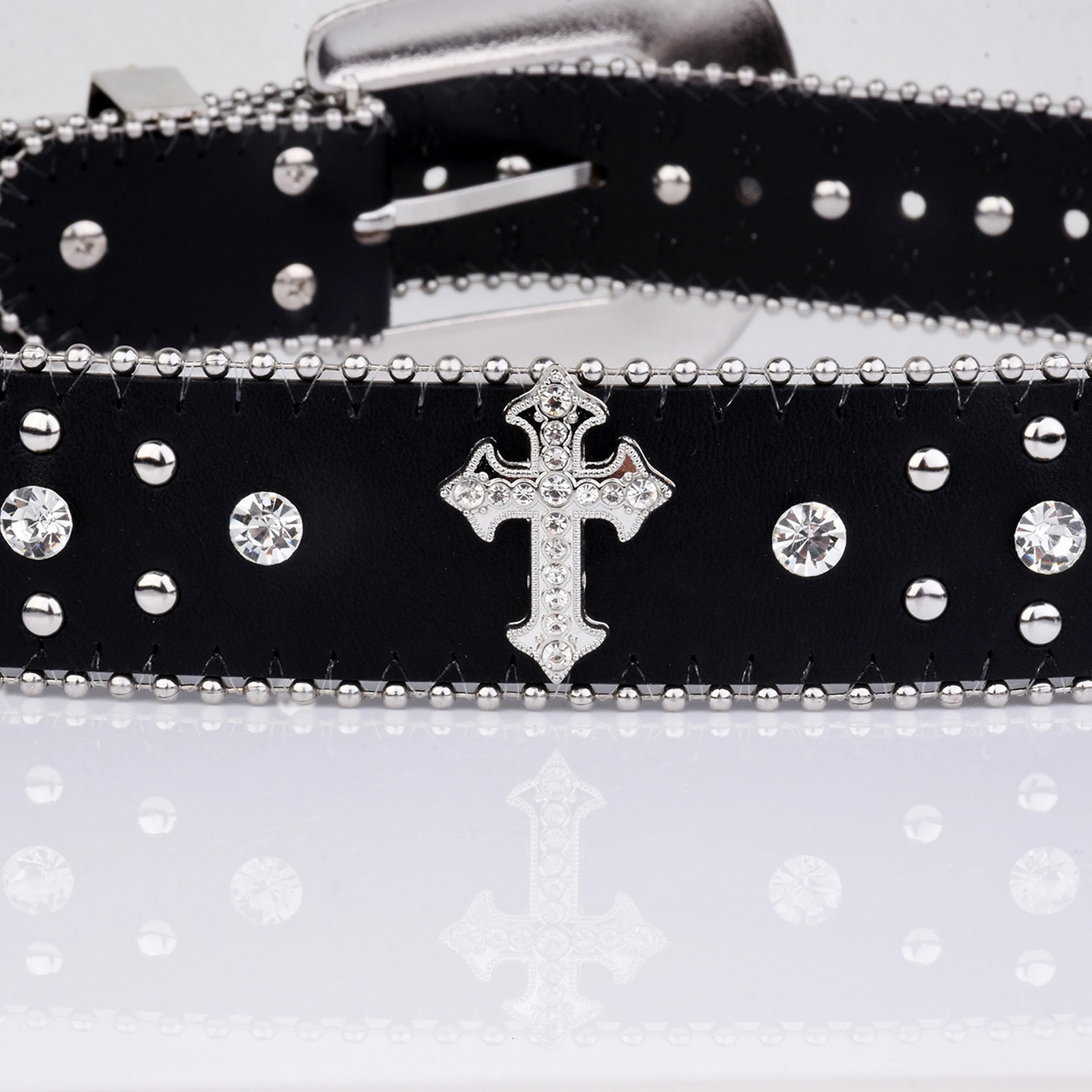 Black Cross Rivet Belt Engraved Buckle Rhinestone Decor PU Belt Hip Hop Jeans Pants Belt Punk Western Cowboy Cowgirl Belts 246 240522