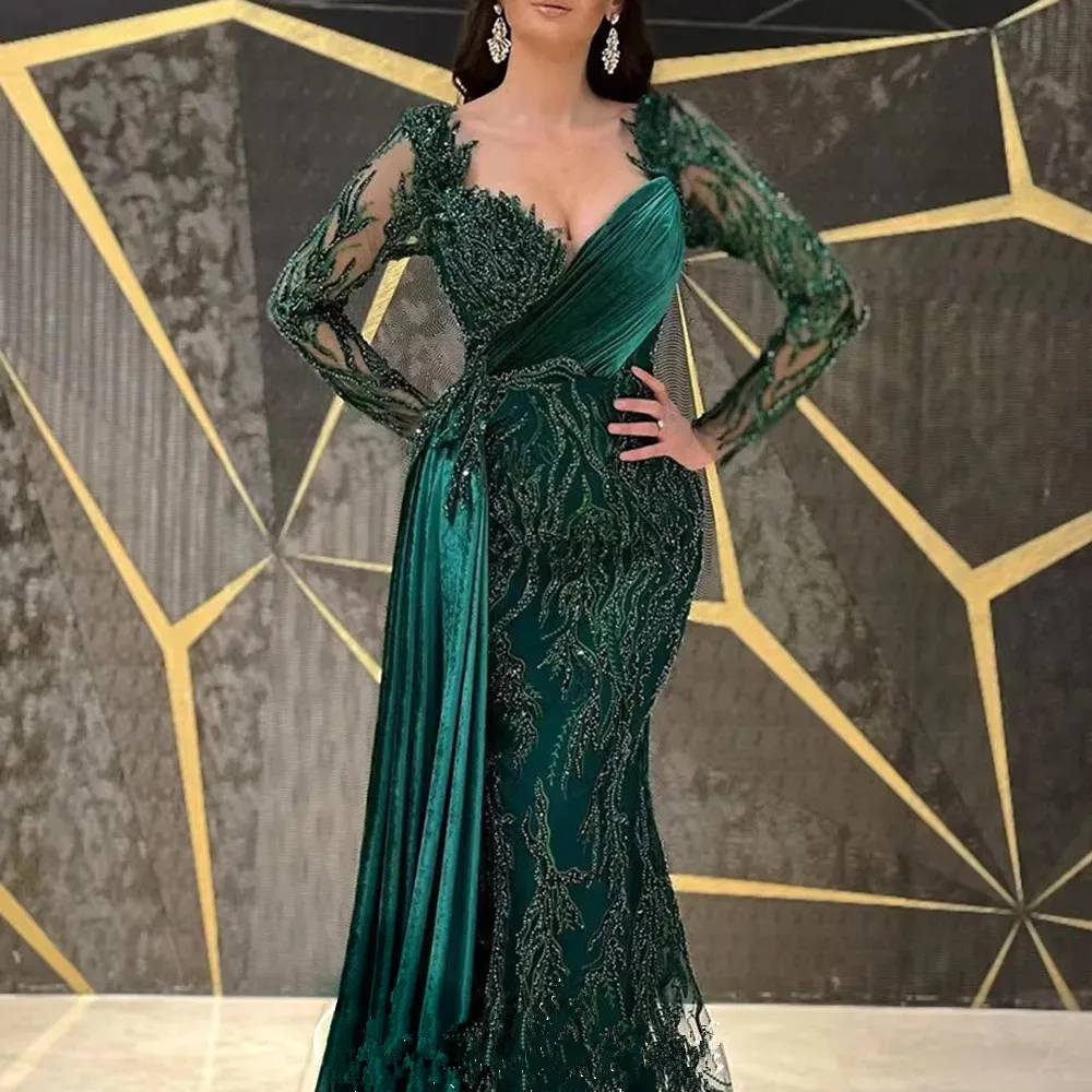 Elegant Emerald Green Evening Dress 2024 Sweetheart Lace Appliques Sequins Women Formal Gowns Party Prom Dresses Saudi Arabia Robe De Soiree 0912