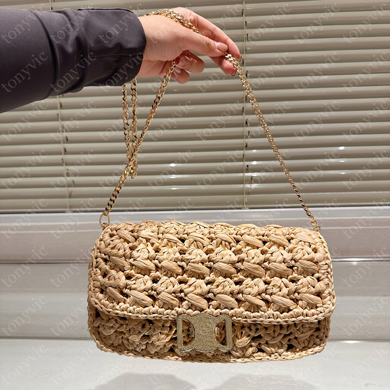 Summer Straw Crossbody Bag For Women Classic Gold Buckle Chain Luxury Beach Bags Handbags Hasp Shoulder Bags