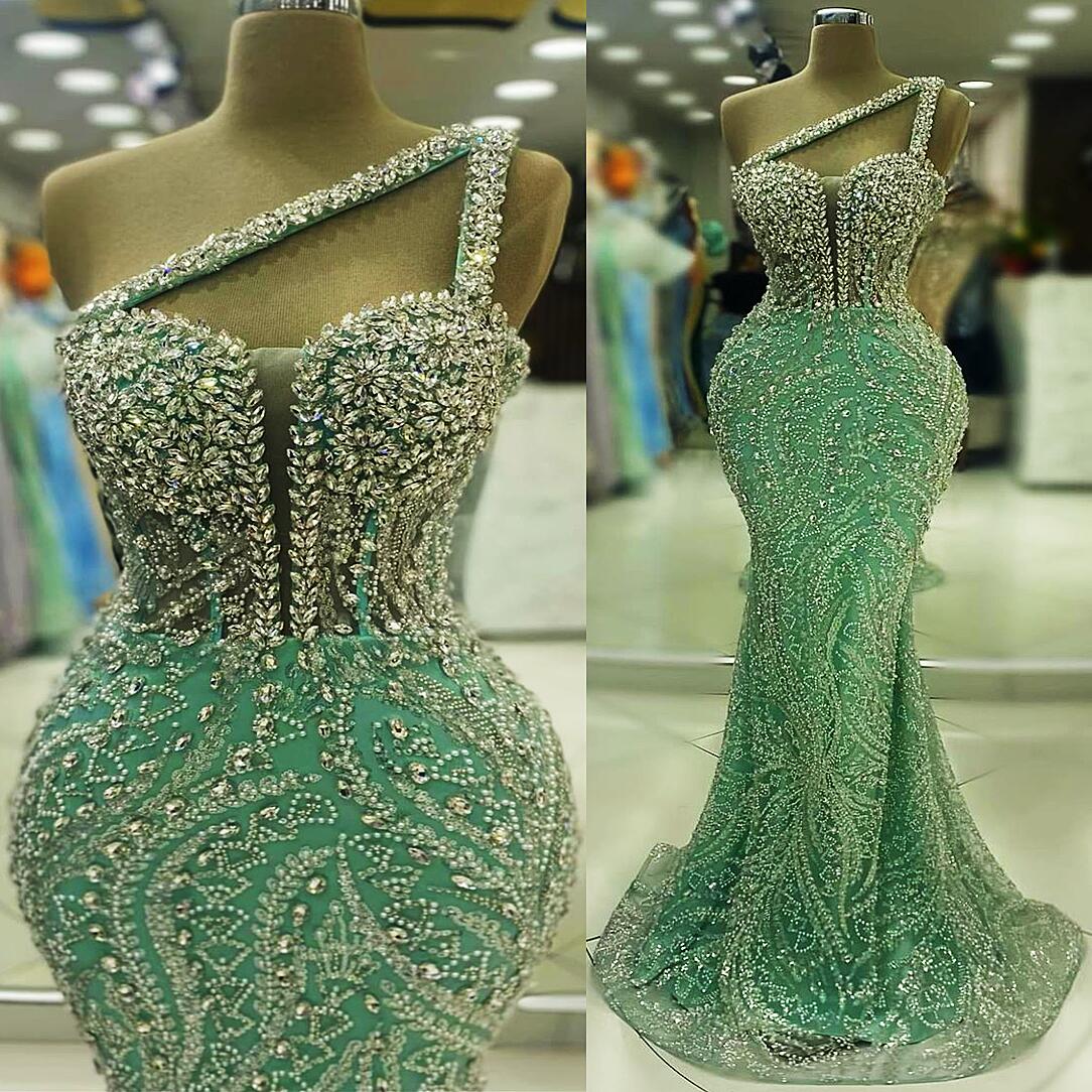2025 Aso Ebi Sage Mermaid Prom Dress Beaded Crystals Sequined Evening Formal Party Second Reception 50th Birthday Engagement Thanksgiving Gowns Dresse