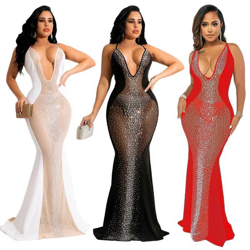 Basic Casual Dresses Sexy Crystal Rhinestone Black Maxi Dress Womens Dress Mesh Perspective Backless Mermaid Body Dress Special Occasion Set J240523