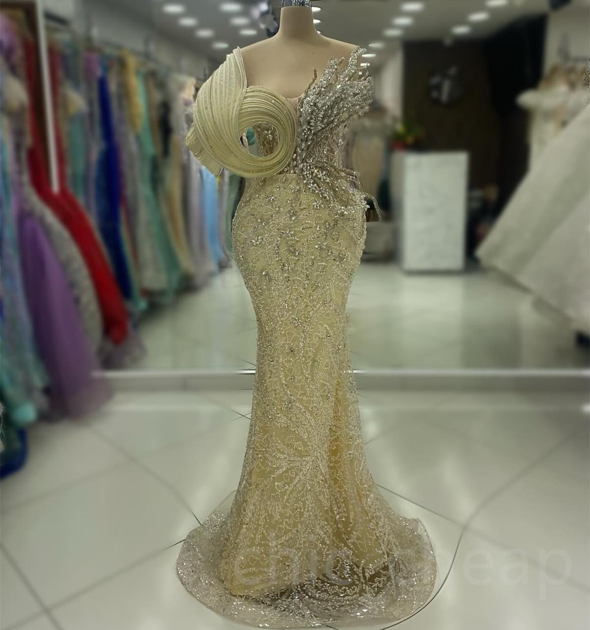 2024 Aso Ebi Champagne Mermaid Prom Dress Beaded Crystals Stylish Evening Formal Party Second Reception 50th Birthday Engagement Thanksgiving Gowns Dr