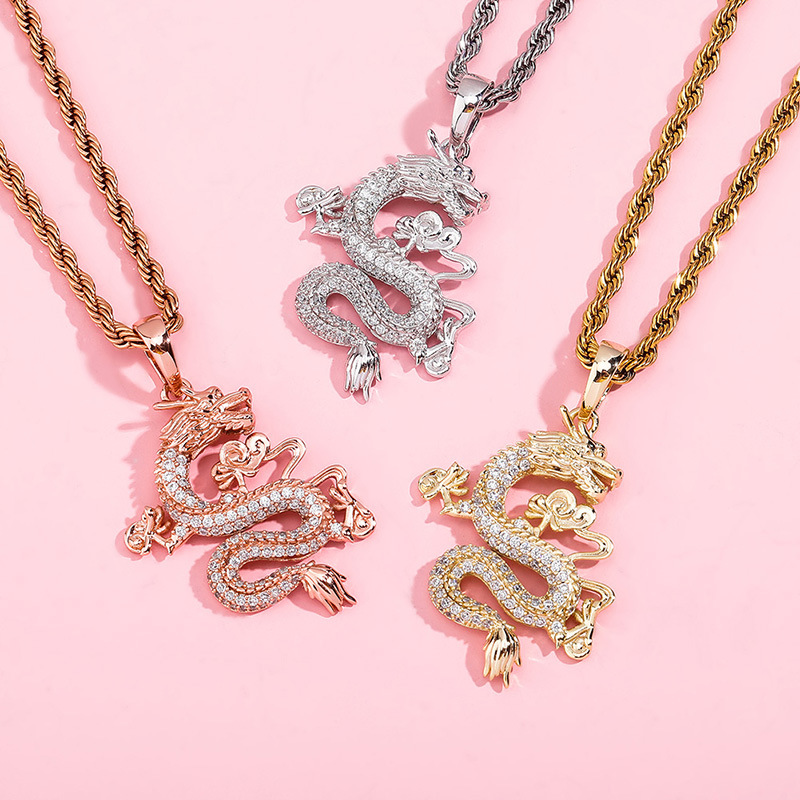 Hip Hop Chinese Dragon Pendant Necklace 14K Real Gold Plated TopBling White Zircon Men Women Jewelry
