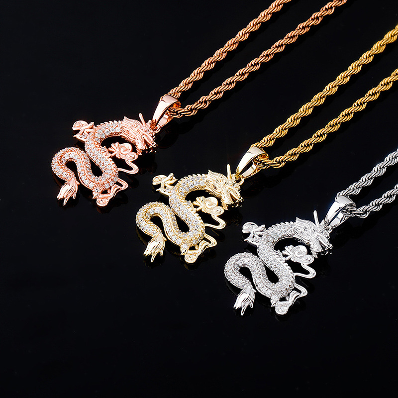 Hip Hop Chinese Dragon Pendant Necklace 14K Real Gold Plated TopBling White Zircon Men Women Jewelry