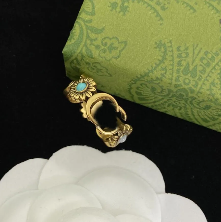 Vintage Two Letter Flower Gold Silver Ring Bague Bijoux Fashion Designer Jewelry for Women Lady Couple Gift Rings With Box
