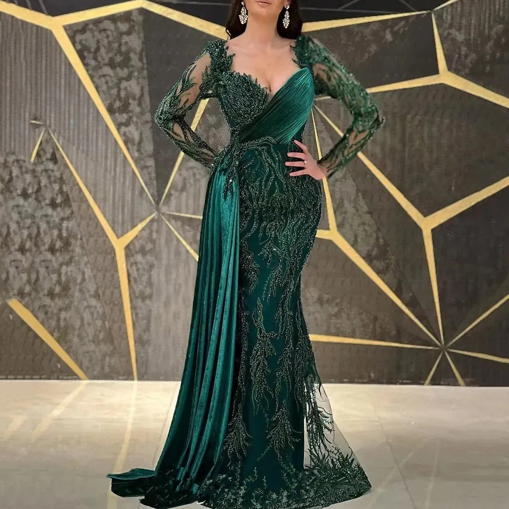 Elegant Emerald Green Evening Dress 2024 Sweetheart Lace Appliques Sequins Women Formal Gowns Party Prom Dresses Saudi Arabia Robe De Soiree 0912