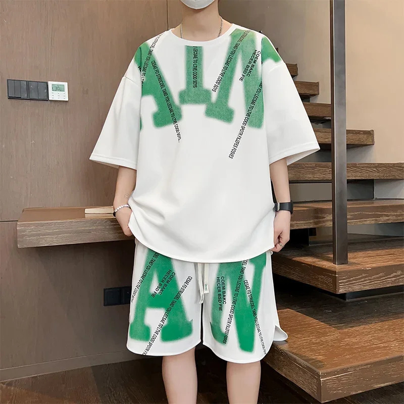 Casual Summer Mens Two Piece Sets Korean Fashion Short Sleeve TShirt Shorts Tracksuits Sport Streetwear Outfit 240518