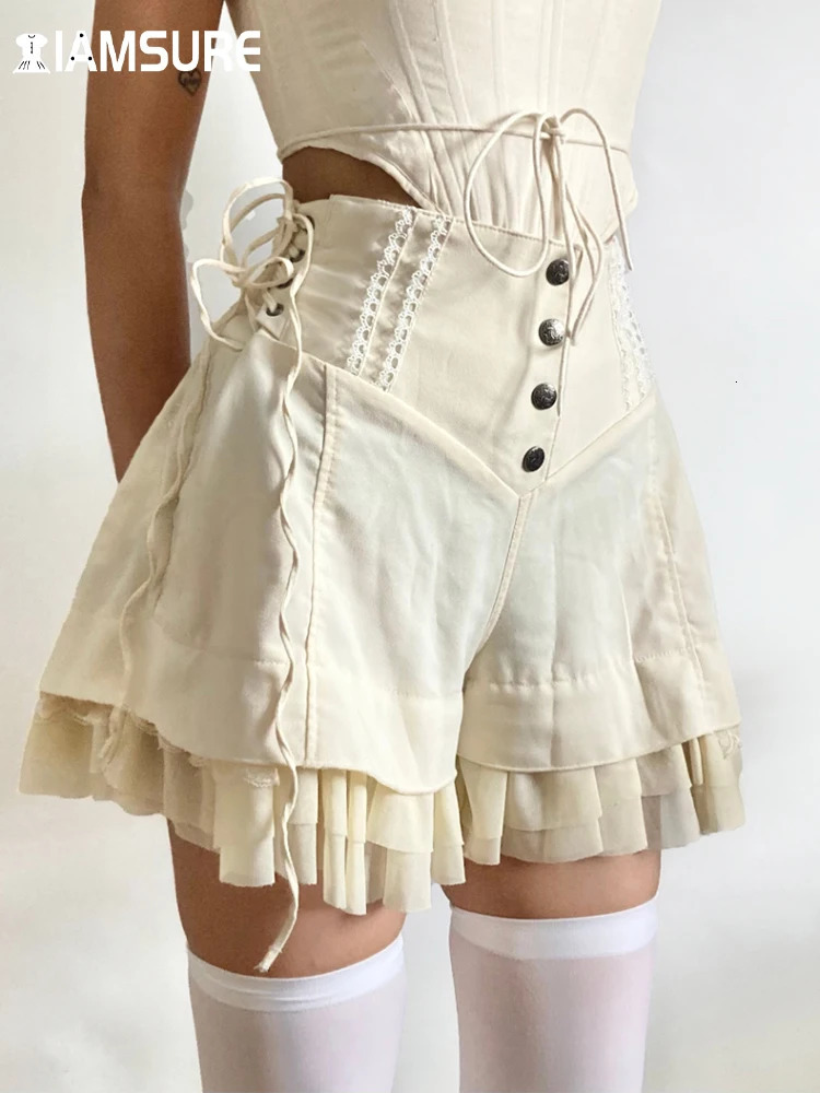 IAMSURE Vintage Sweet Bandage Ruffles Shorts Slim Solid High-Waisted Patchwork Shorts Women Summer Fashion Streetwear Lady 240523