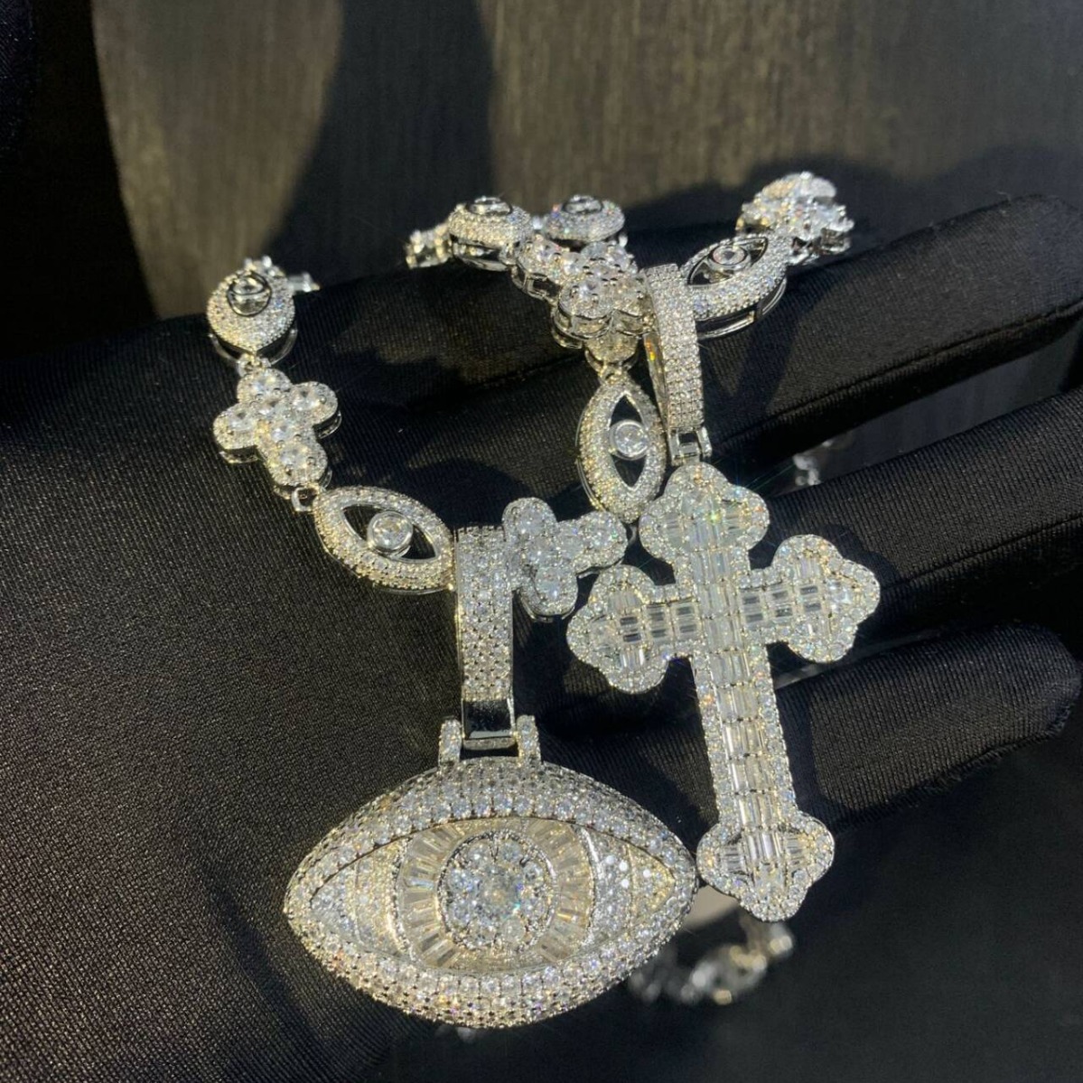 Hip Hop Cross Eye Pendant with Cuban Chain Necklace Set 5A Zircon Real Gold Plated Jewelry