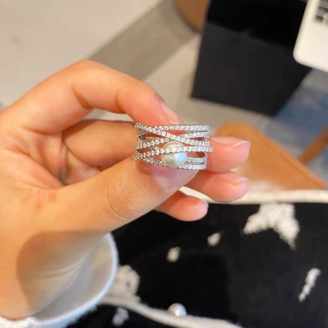 Adjustable Sterg Sier White CZ Pearl Wedding Ring Jewelry for Women