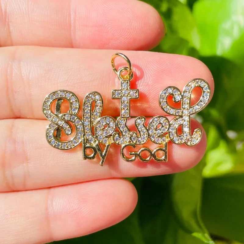 5pcs Gold-plated BLESSED BY GOD Religious Word Charm for Women Bracelet Making Letter Pendant Girl Necklace Jewelry Handcraft 240514