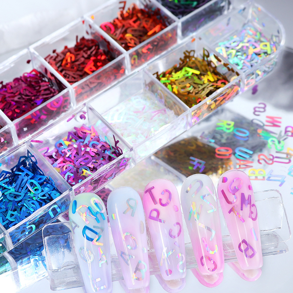 NAR051 3D Holographic Nail Art Decorations for DIY Crystal UV Epoxy Resin Mold Fillings Sparkle English Letters Glitter Sequins sticker