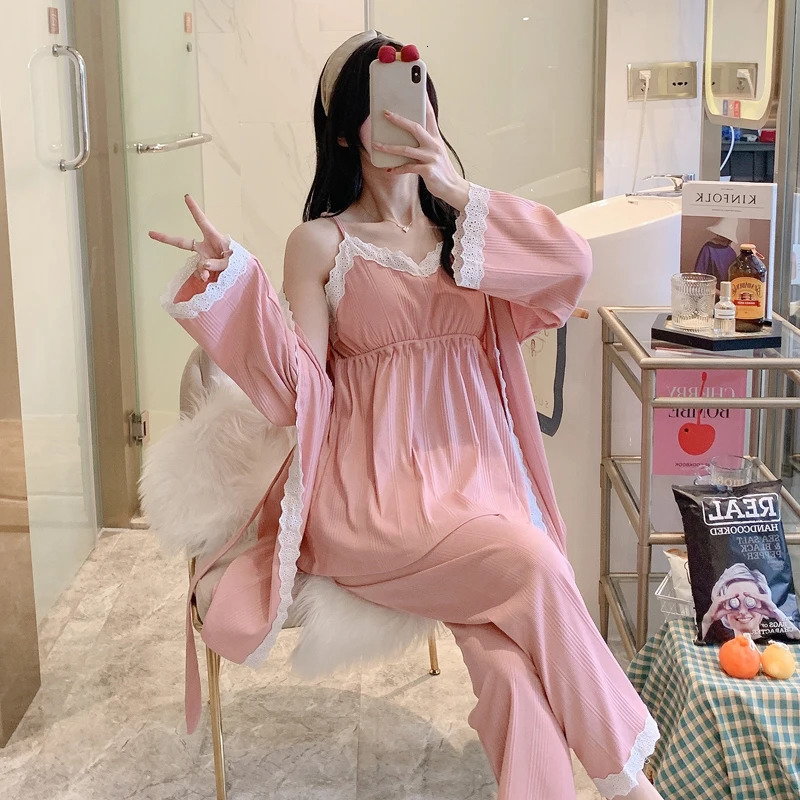 3pcs Lace Cotton Maternity Nursing Sleepwear Sets Breast Feeding Pajamas for Pregnant Women Pregnancy Lacation Home Hospital 240523