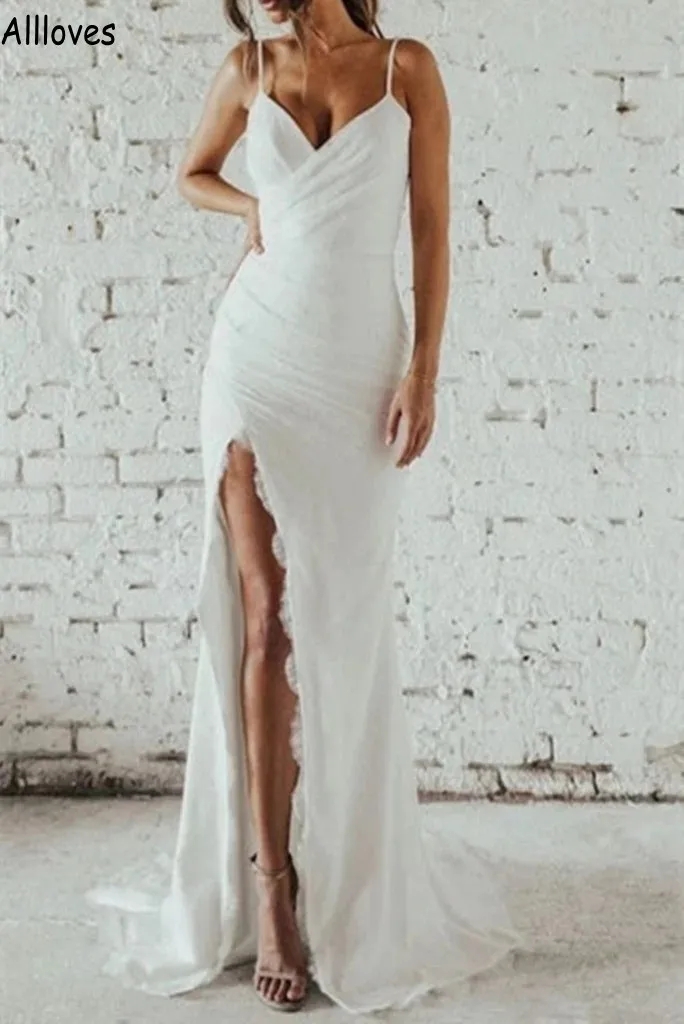 High Split Sheath Sexy Wedding Dresses Women Spaghetti Straps Lace Bohemian Country Beach Bridal Gowns Sleeveless Long Reception Party Dress for Bride