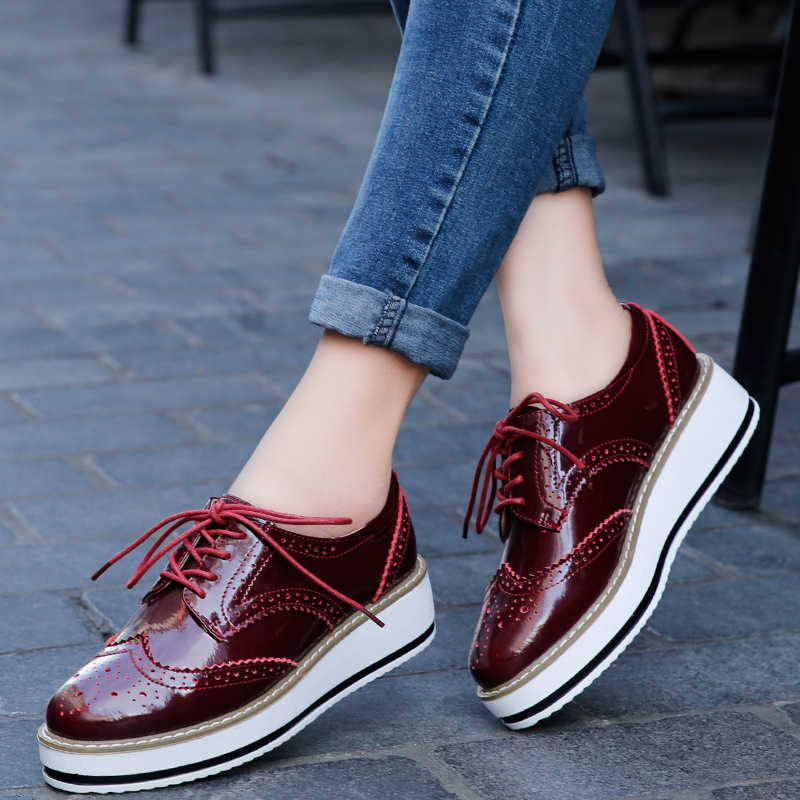 Brand Women Platform Flats Woman Brogue Derby Leather Lace Up Classic Bullock Footwear Female Oxford Shoes Lady Zapatos De Mujer Y0907