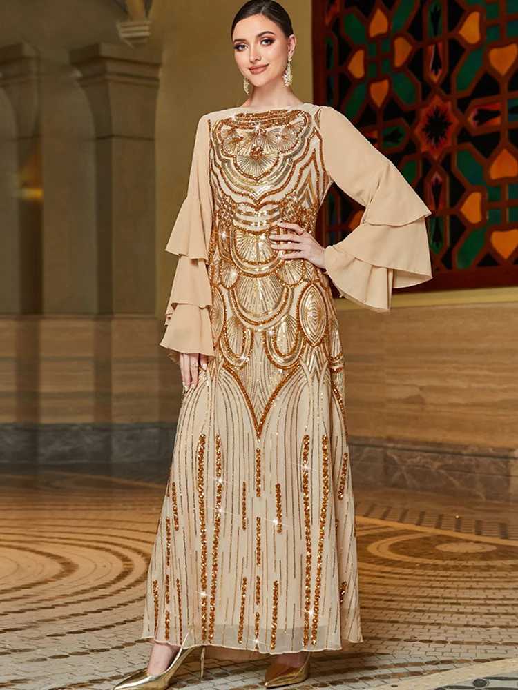 Basic Casual Dresses Round neck gold sparkling sleeve dress high-end elegance sequin embroidery long skirt Middle Eastern Muslim womens clothing J2405