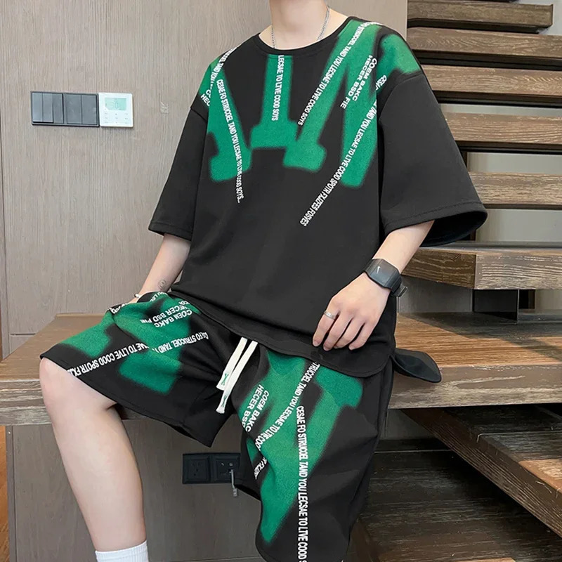 Casual Summer Mens Two Piece Sets Korean Fashion Short Sleeve TShirt Shorts Tracksuits Sport Streetwear Outfit 240518