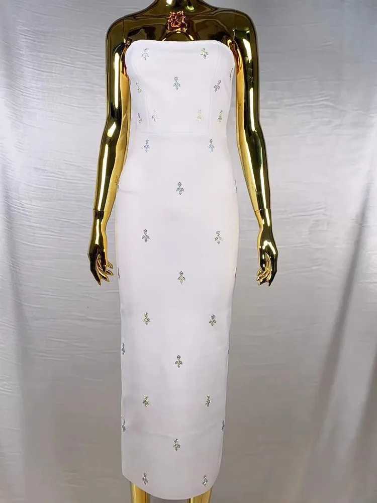 Basic Casual Dresses Sexy high-end clothing womens rhinestone white strapless tight elastic bandages womens parties club birthday dresses J240523