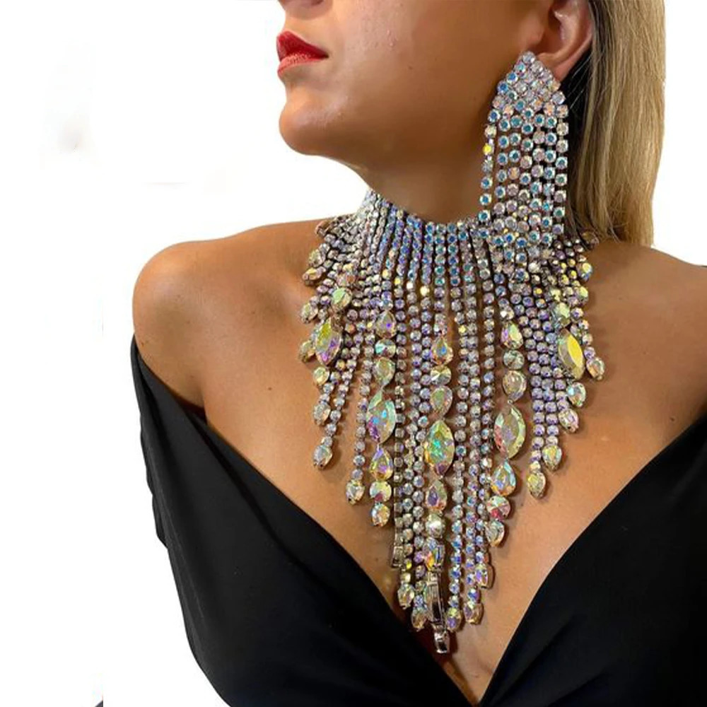 Stonefans Bohemian Drag Queen Exaggerated Tassel Necklace Set Earring Geometric Wedding Banquet African Jewelry Set Accessories 240522