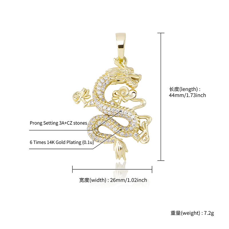 Hip Hop Chinese Dragon Pendant Necklace 14K Real Gold Plated TopBling White Zircon Men Women Jewelry
