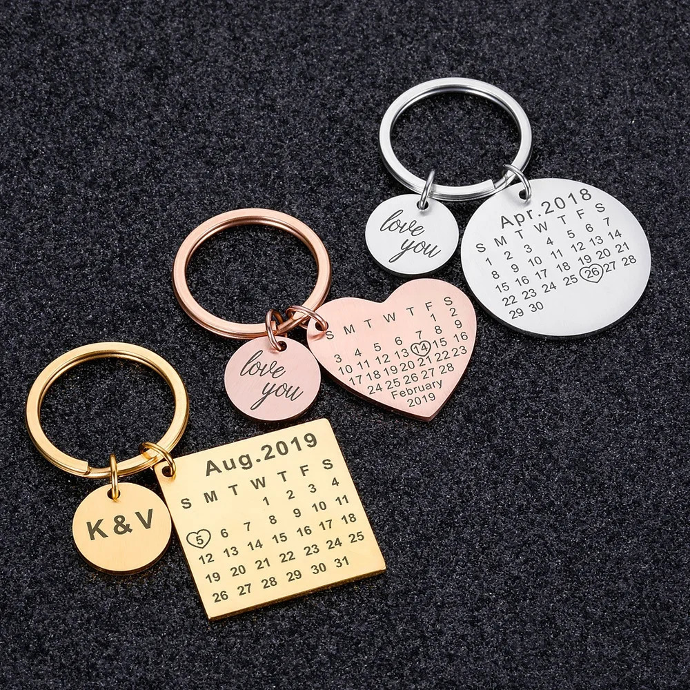 Personalized Custom Key Chain Engraved Calendar Date Stainless Steel Wedding Anniversary Gift with Box for Boyfriend Husband 240516