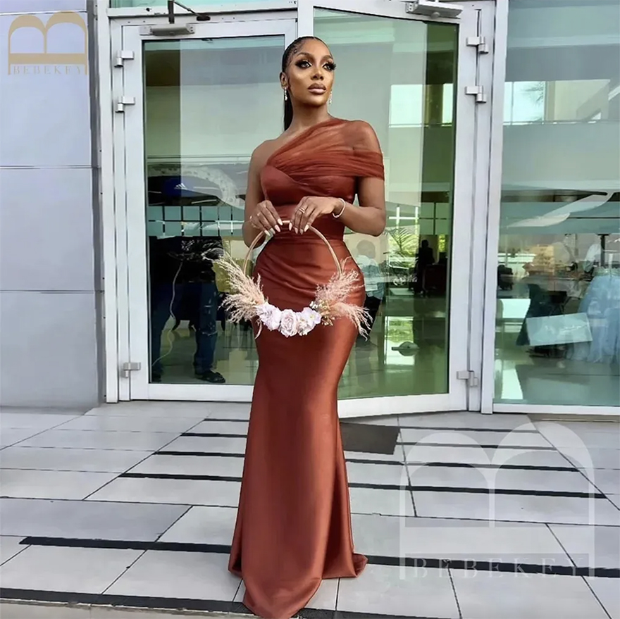 Brown Mermaid Long Bridesmaid Dresses For Black African Women Sexy One Shoulder Elegant Formal Party Gowns Aso Ebi Maid Of Honor Dress Wedding Guest P
