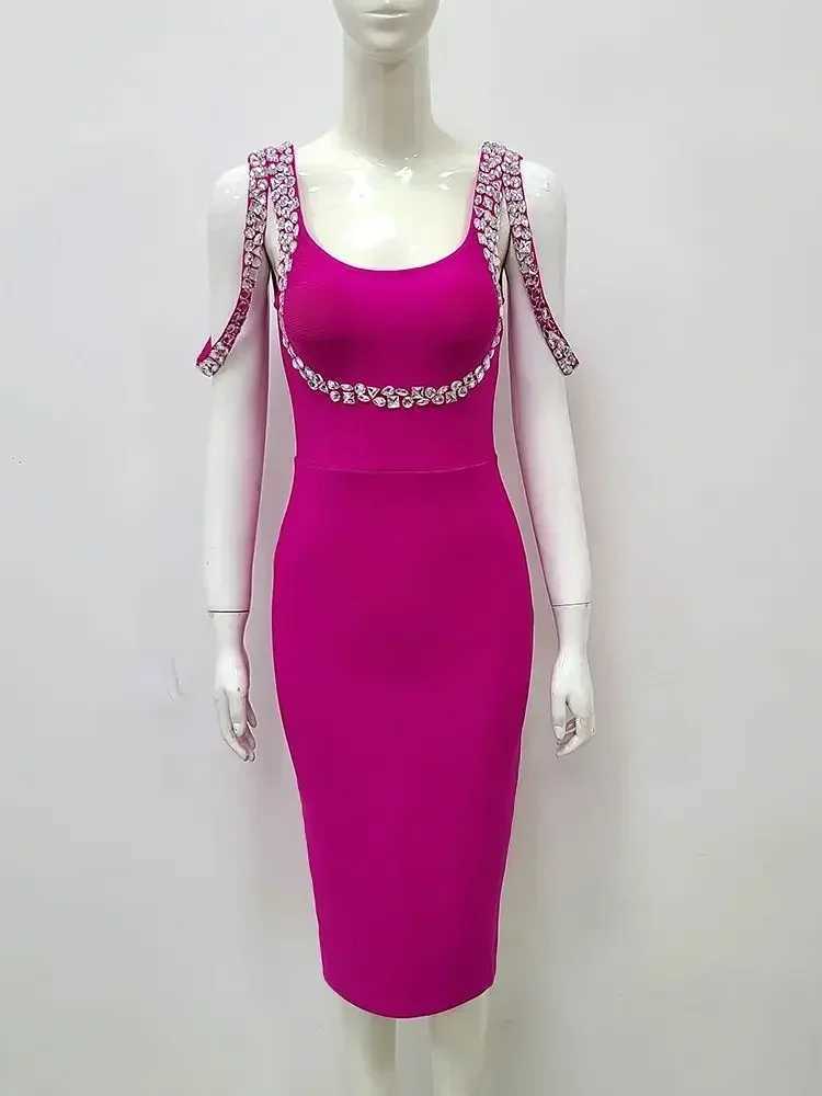 Basic Casual Dresses Sexy Womens Spaghetti Shoulder Strap Square Neck Diamond Bandage Midi Dress Body Celebrity Club Party Evening Dress Vestidos J240