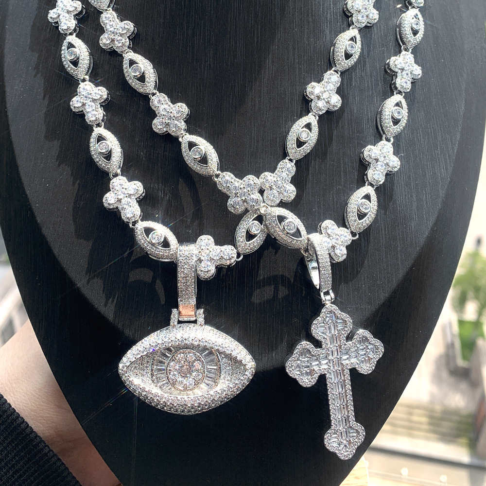 Hip Hop Cross Eye Pendant with Cuban Chain Necklace Set 5A Zircon Real Gold Plated Jewelry