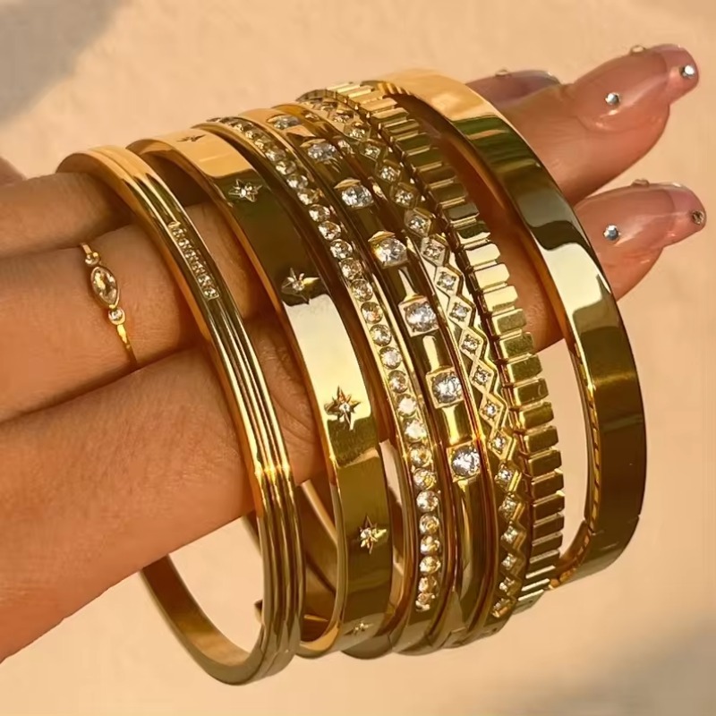 New Waterproof Stainless Steel Stacking Open CZ Cuff Bangles 18K Gold Plated Star Zircon Bracelet Women INS Summer Jewelry