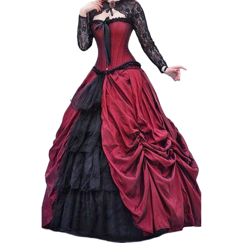Burgundy And Black Gothic Wedding Dresses Ruched Floor Length A Line Long Vintage Victorian Bridal Gowns With Detachable Long Sleeves Wrap Corset Vest