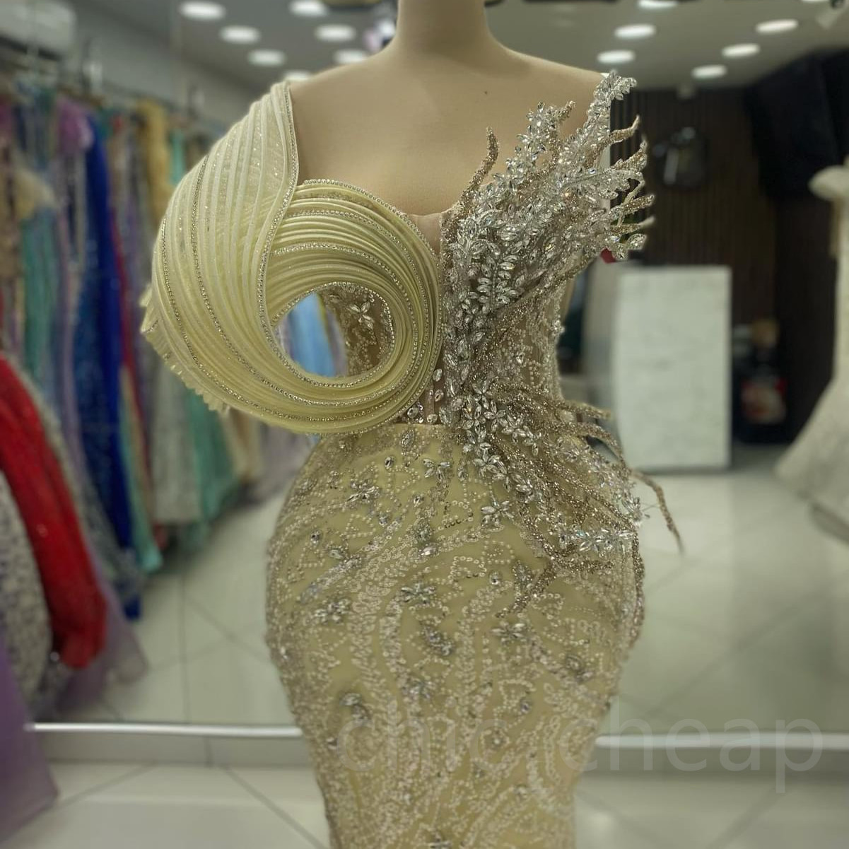 2024 Aso Ebi Champagne Mermaid Prom Dress Beaded Crystals Stylish Evening Formal Party Second Reception 50th Birthday Engagement Thanksgiving Gowns Dr