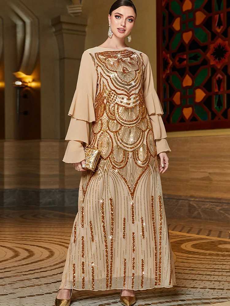 Basic Casual Dresses Round neck gold sparkling sleeve dress high-end elegance sequin embroidery long skirt Middle Eastern Muslim womens clothing J2405