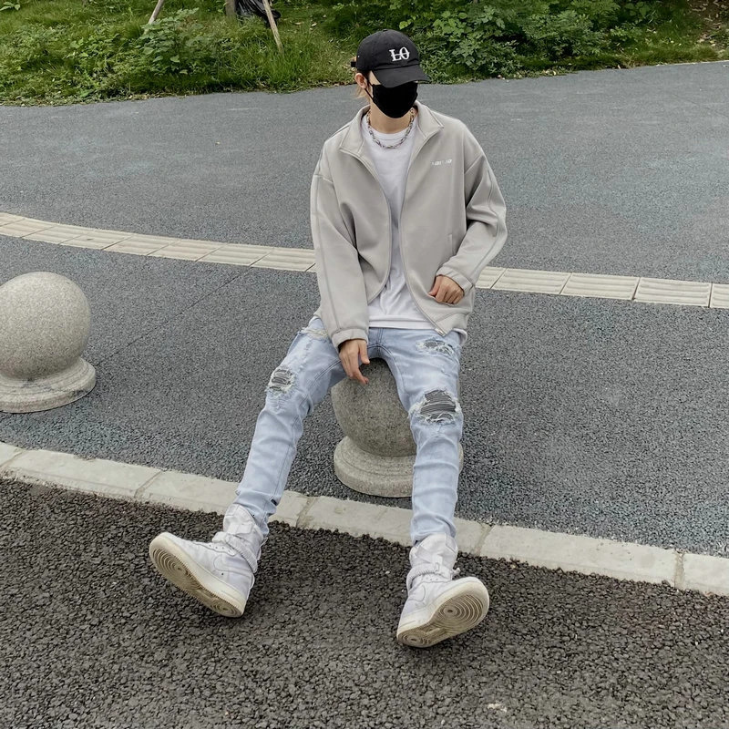 A699 Washed Hole Splicing Cat Whiskers Grinding White Collision Color Slim Blue Elastic Mens Stretch Jeans 240523