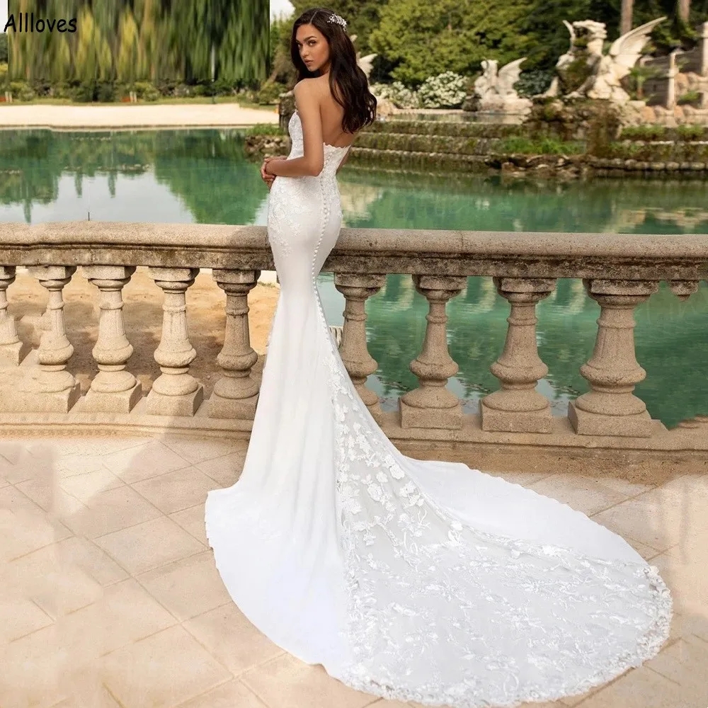 Wedding Mermaid Lace Appliqued Dresses for Bride Simple Satin Boho Garden Beach Bridal Gowns Sexy Sweetheart Backless Buttons Reception Robes De Marie