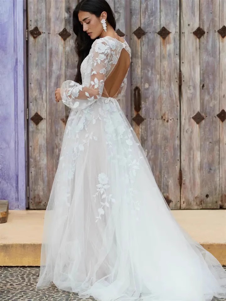 Boho A-line Wedding Dresses 2024 Women V-neck Long Puffy Sleeves Flower Lace Appliques Bridal Bride Gowns New Arrival Vestido De Novia