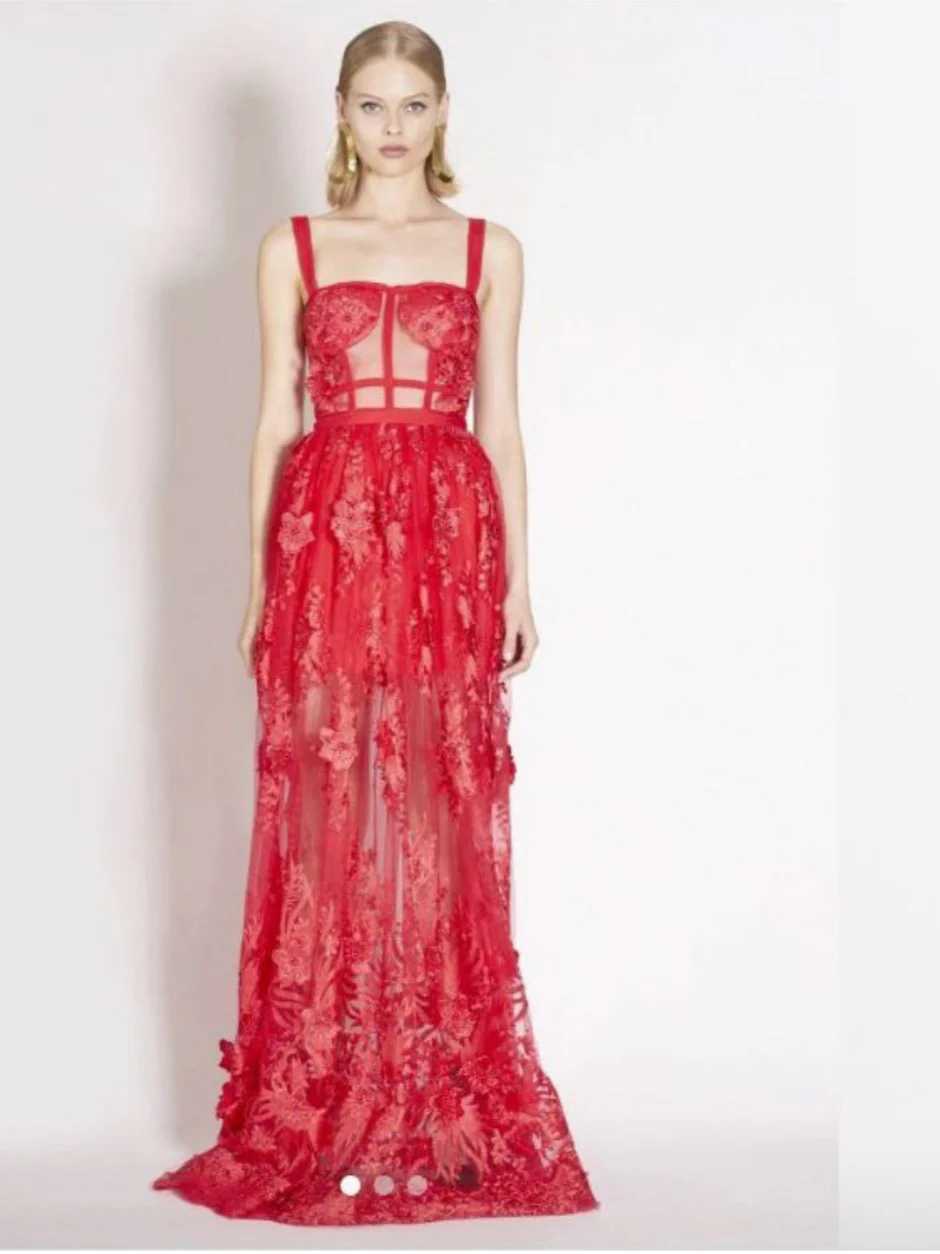 Basic Casual Dresses Ladies Red Dress Deluxe Evening Italian Spaghetti Shoulder Strap Dress Elegant Birthday Lace Dress Party Club Showcase Camissol C